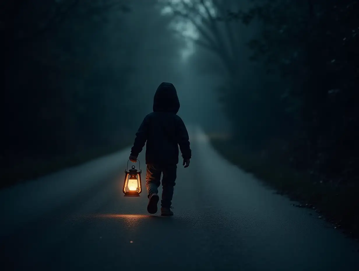 A little black figure is moving along the road in the darkness of night with a lantern