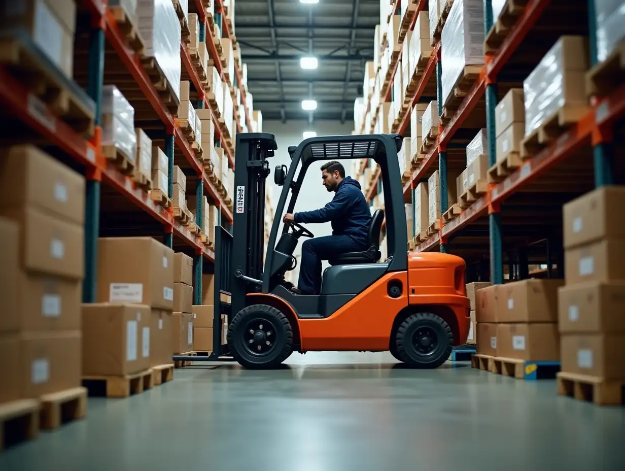 A forklift operator maneuvering through warehouse racks, with goods prepared for shipping.