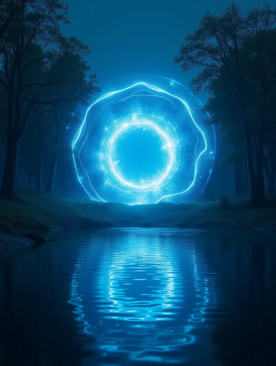A clear water pond in the night, surrounded by trees with an inter-dimensional portal surrounded by an energetic blue halo