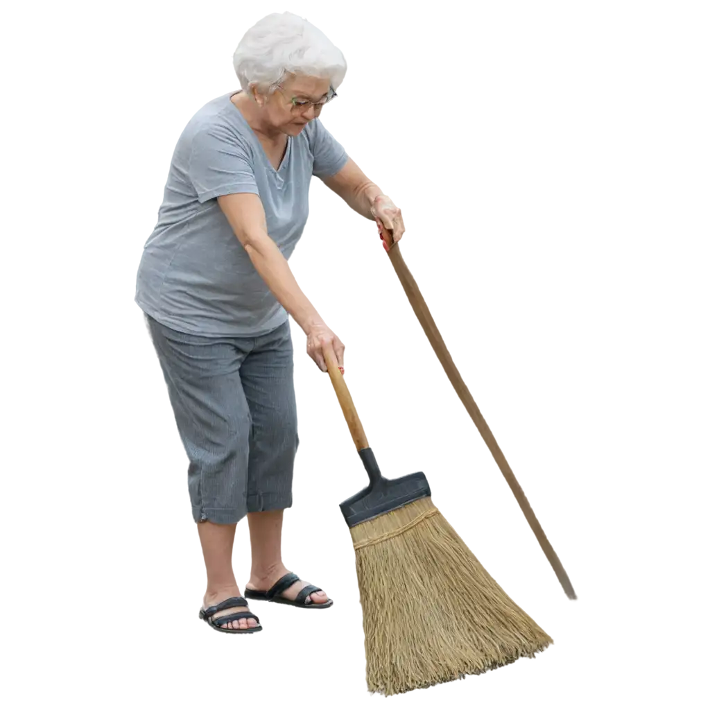 grandma sweeping the backyard