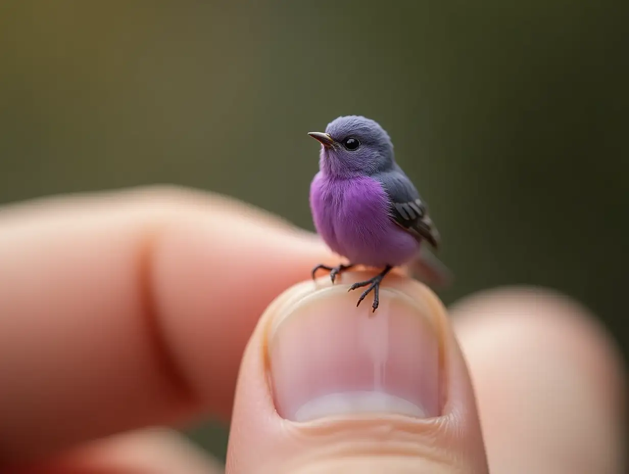 Photorealistic macro shot of a tiny miniature cute purple bird perched on a human thumb.The little creature clings to the thumb. Sharp focus on the bird and shallow depth of field. The human hand is huge and blurred out by the shallow depth of field, accentuating the difference in size.