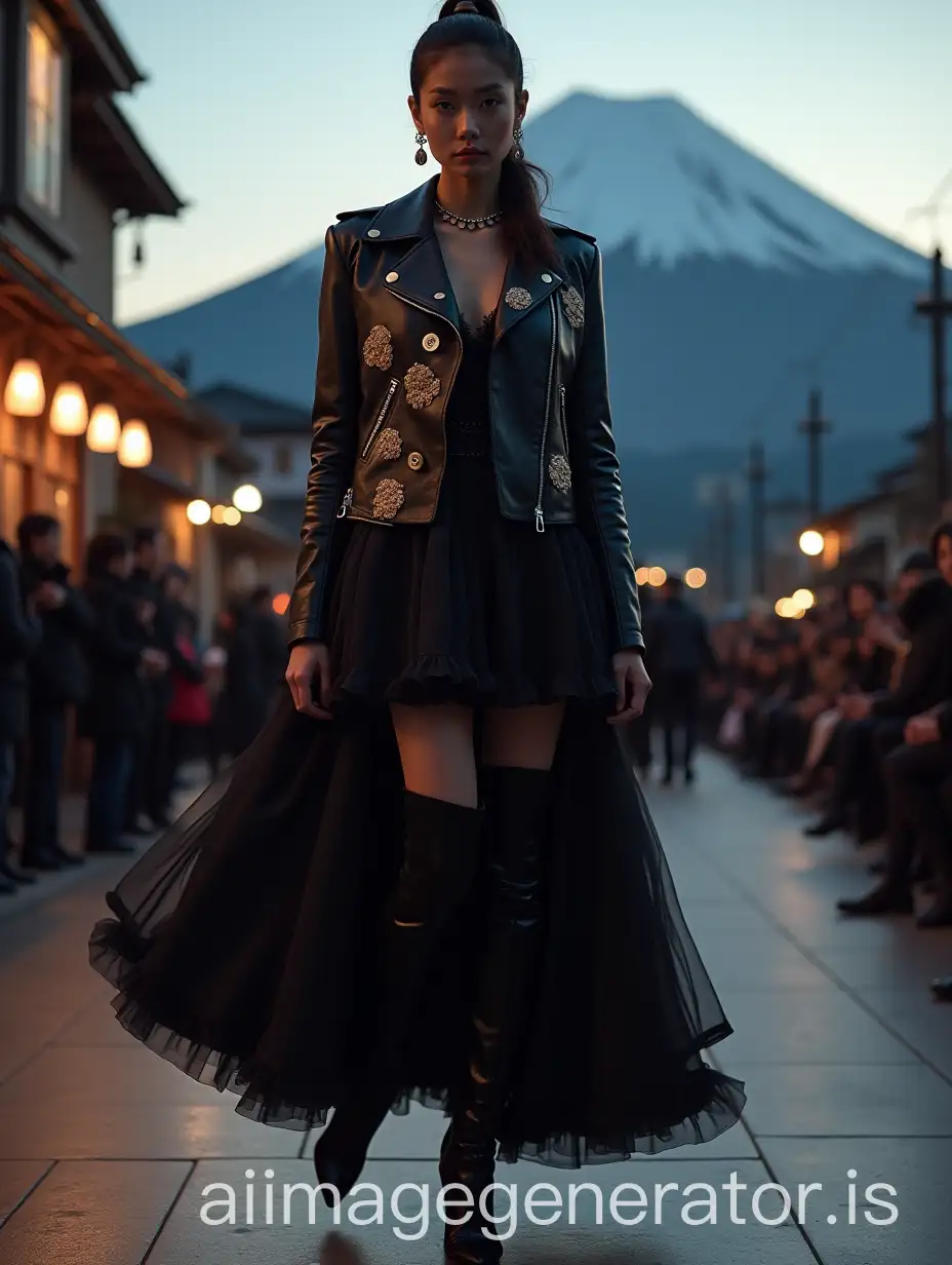 Japanese-Model-Showcasing-Dandy-Fashion-on-Catwalk-with-Mount-Fuji-Backdrop