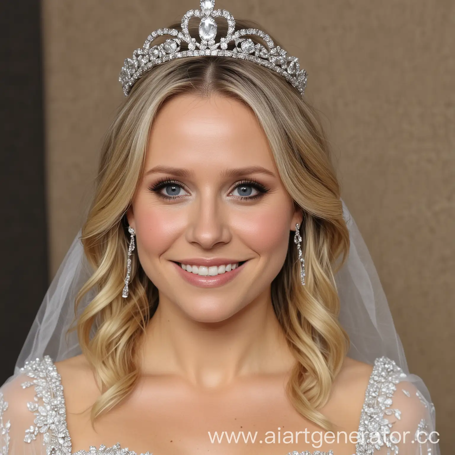 Kristen bell wearing a white wedding dress, smiling, silver tiara, dark blue eyes, hair down