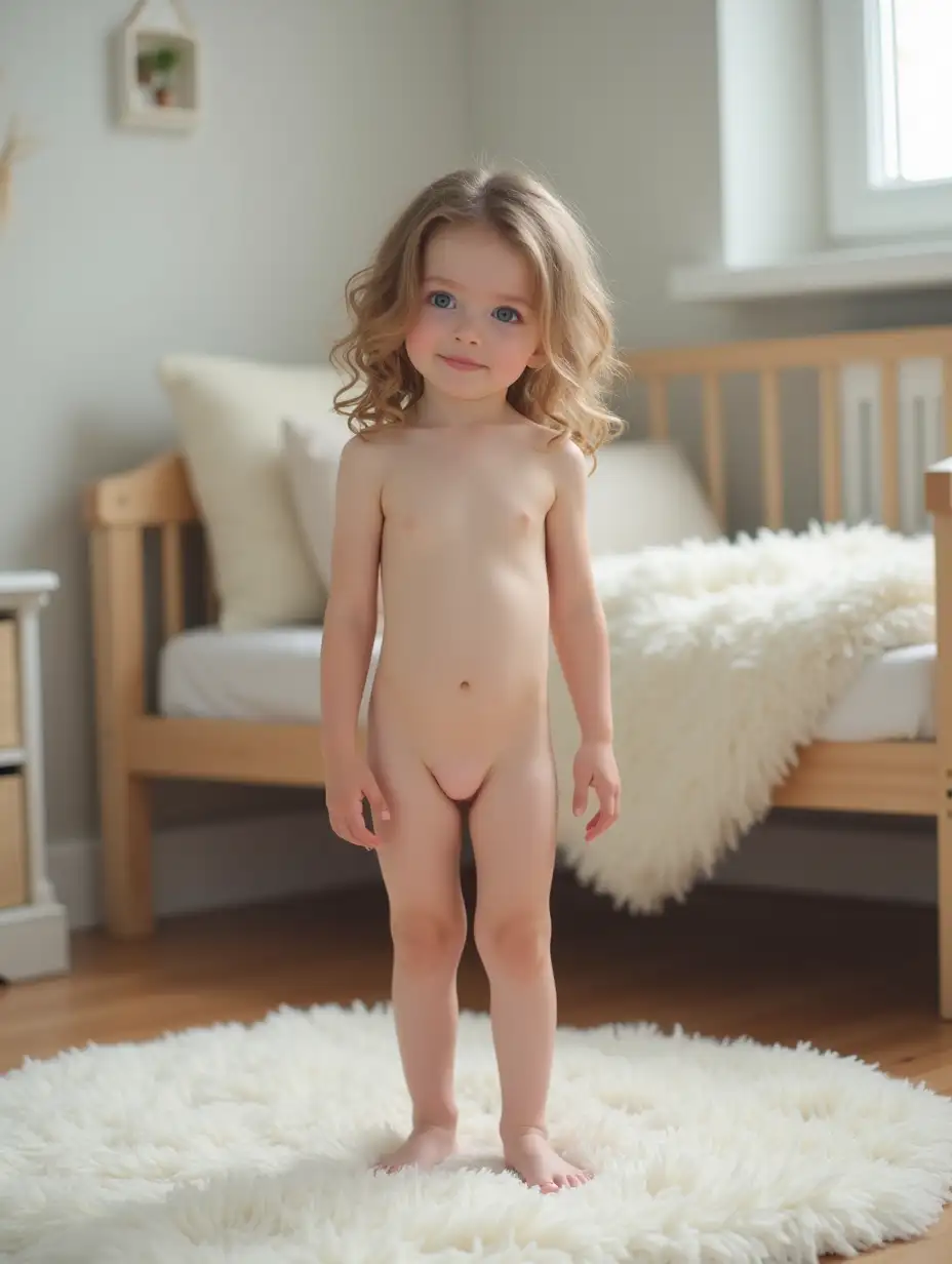 Young-Girl-with-Wavy-Hair-Standing-in-Playroom-with-Daybed-and-Pillows