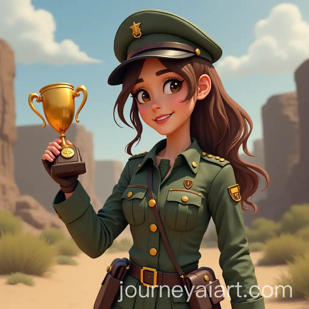 Animated-Female-Character-in-War-Uniform-Holding-Trophy-in-Shooting-Game-Scenario