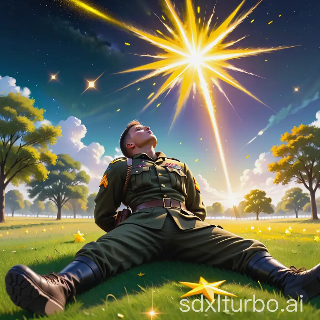 A soldier lying on the grass looking up into the sky where a bright yellow star explodes brightly.