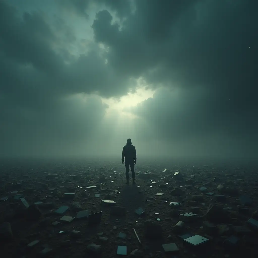 Create a cinematic and realistic scene depicting a solitary man standing in a vast desert, surrounded by a sea of electronic waste. The sky is filled with dark, ominous storm clouds, creating a sense of foreboding. A small beam of light breaks through the clouds, illuminating the man, highlighting his expression of contemplation and despair. The composition should evoke feelings of isolation and the impact of technology on the environment, with rich textures and dramatic lighting to enhance the emotional depth of the scene.