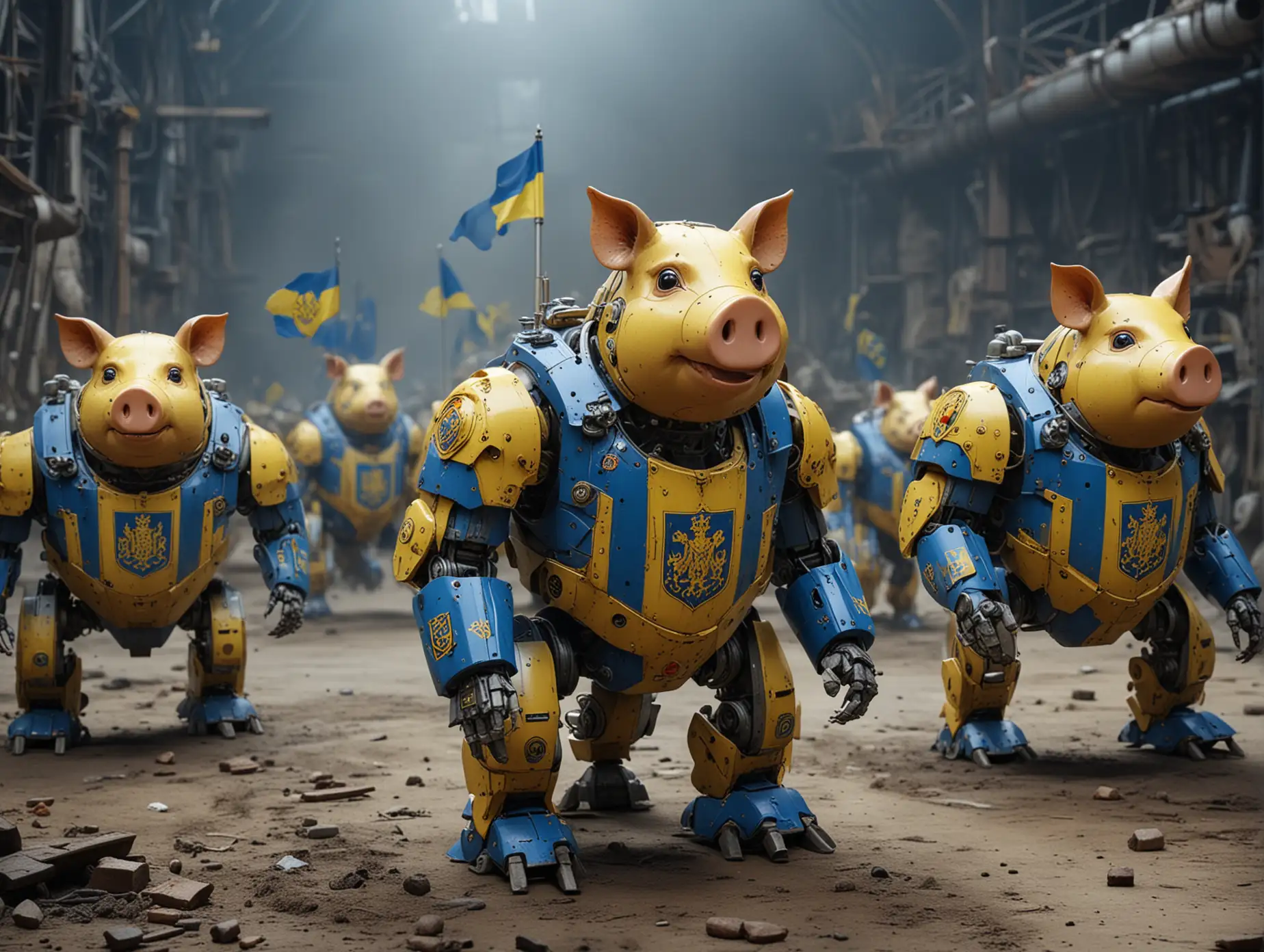 Fantasy-Battle-Robot-Pigs-with-Ukraine-Coats-of-Arms-in-Factory-Production