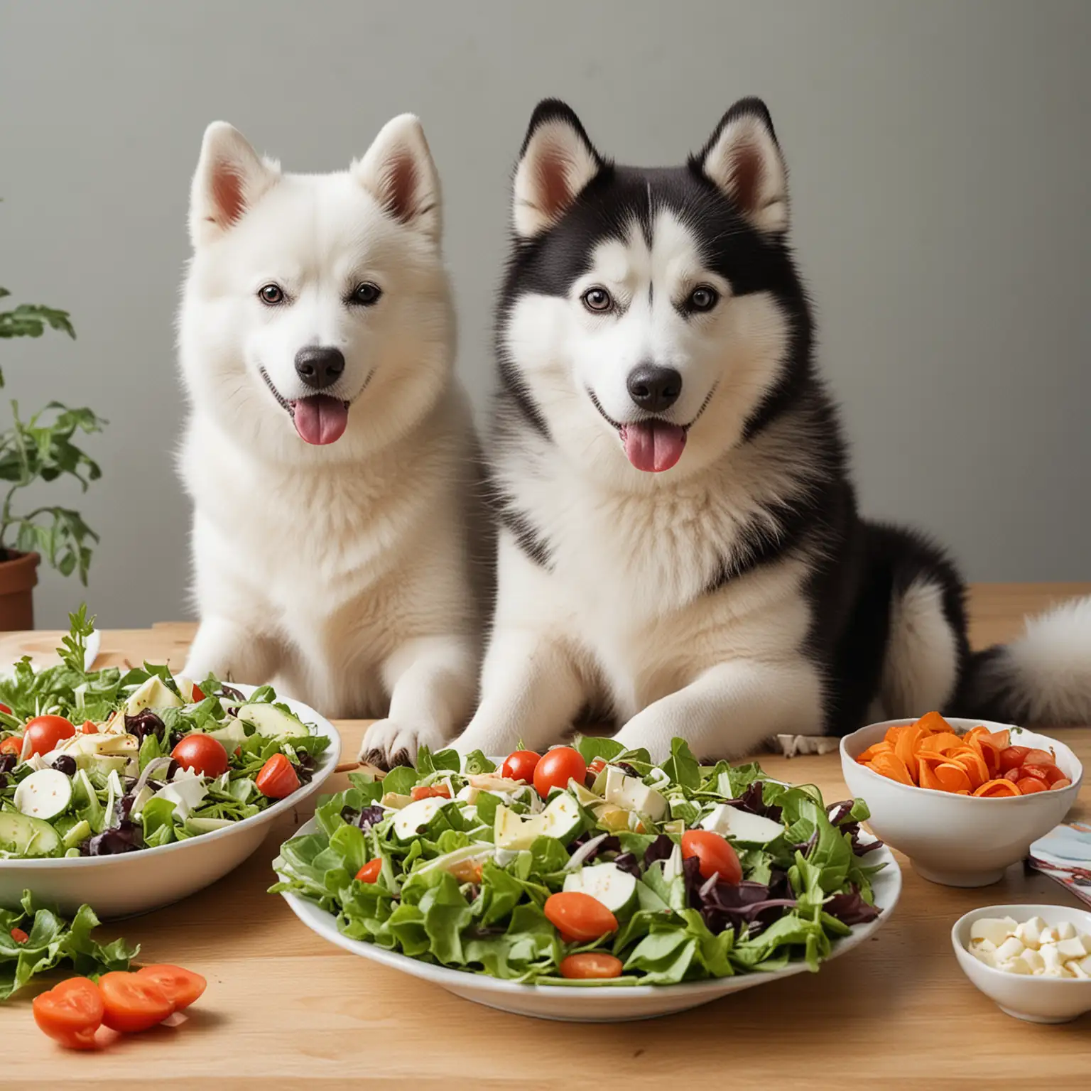 Help me draw a Photoshoot Of a husky and a Japanese Spitz sitting together happily eating salad