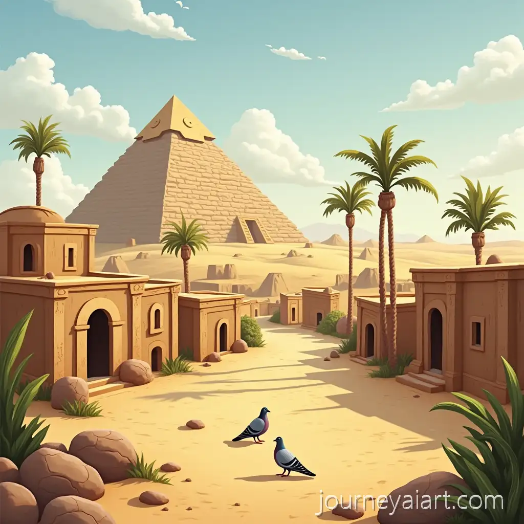 AncAncient-Egypt-village-sceneient-Egyptian-Village-with-Giza-Pyramid-and-Doves-in-the-Sky