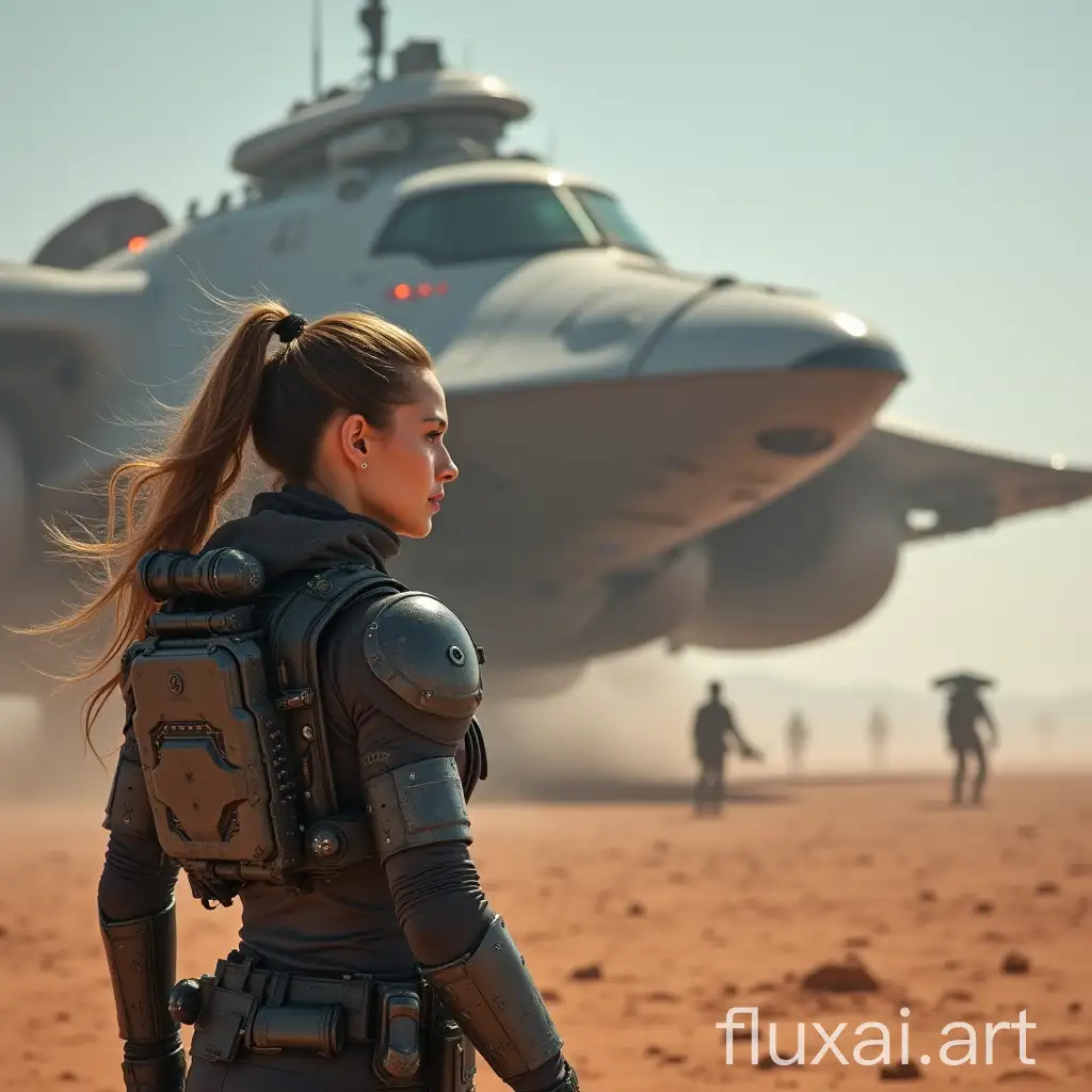 starship military army landing on the planet, female in the foreground, wearing sci-fi combat suit