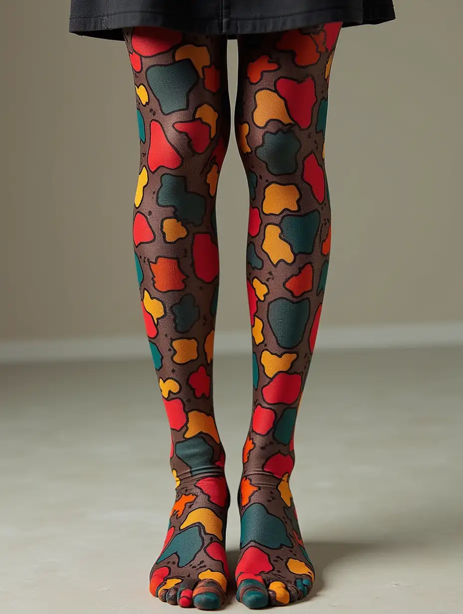 Stylish-Cubism-Patterned-Tights-on-Long-Female-Legs-with-Tight-Socks