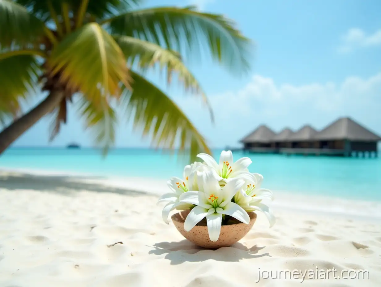 Tropical-Sandy-Beach-in-Maldives-with-Palm-Trees-BTropical-Maldives-Beach-Sceneungalows-and-White-Lilies