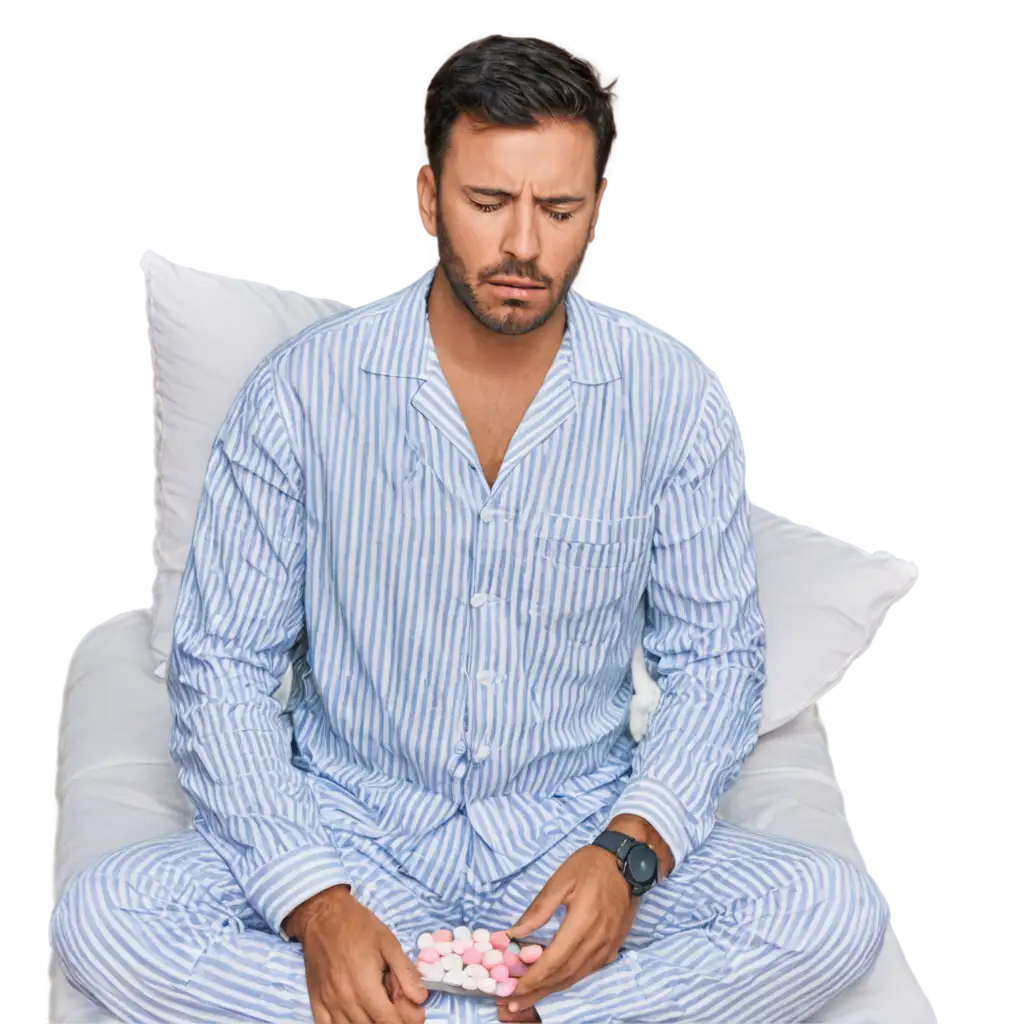 Insomnia-Patient-Taking-Medicine-for-Restful-Sleep-PNG-Image-of-Tired-Individual-in-Pajamas