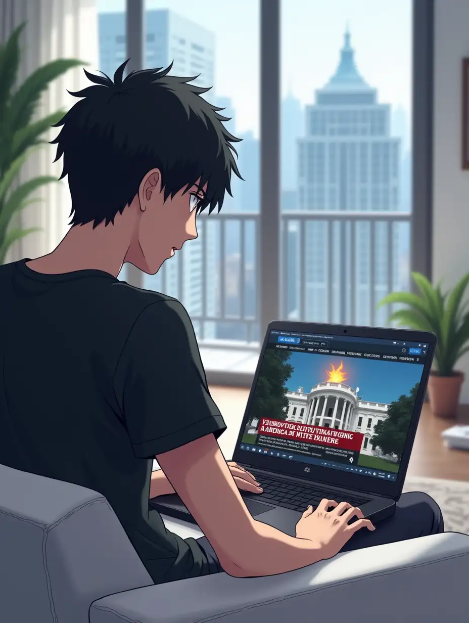 ((Anime drawing style)), (Anime), Over-the-shoulder anime shot of Kaito, a 28-year-old man with short black hair, sitting on a white sofa looking at a laptop. The focus is on the laptop screen, which is showing international news about the riots at the American White House. The background is slightly blurred, with the interior of a luxurious and modern penthouse faintly visible. Kaito is wearing a black t-shirt, and you can see part of his back and the side of his head. The laptop screen is clear. The lighting is soft and natural, coming from a large window in the background.