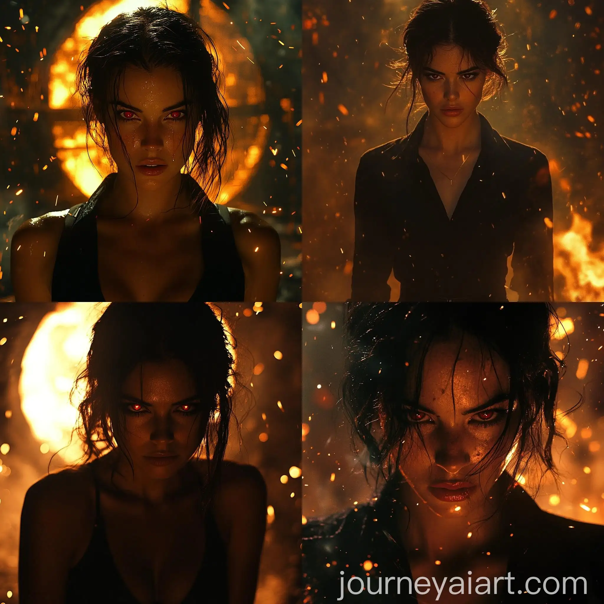 Intense-Woman-with-RedEyed-Gaze-Amid-Sparks-and-Embers