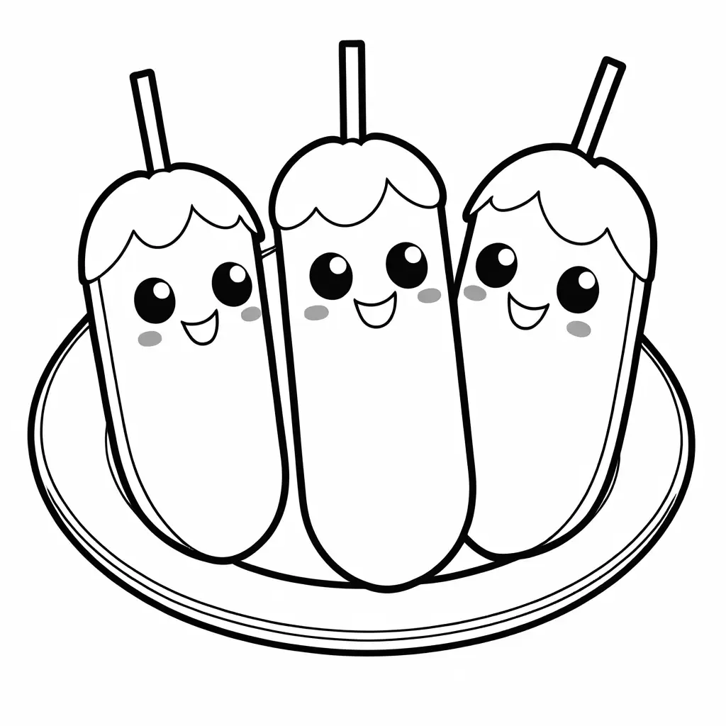 Kawaii style corndogs, Coloring Page, black and white, line art, white background, Simplicity, Ample White Space. The background of the coloring page is plain white to make it easy for young children to color within the lines. The outlines of all the subjects are easy to distinguish, making it simple for kids to color without too much difficulty
