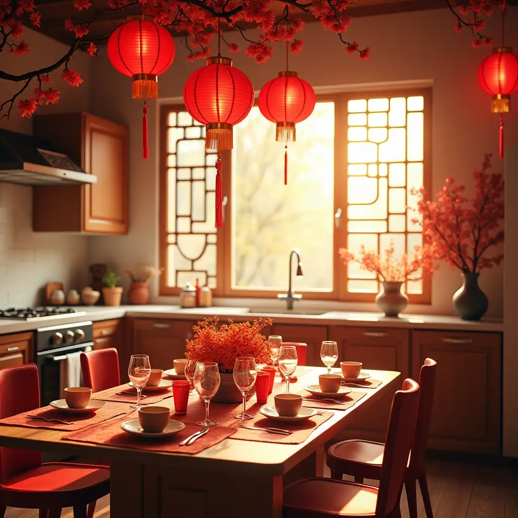 Sunlit Kitchen Decorated for Chinese New Year Celebration Festive Dining Room with Red Lanterns and Flowers. A bright kitchen is set for a celebratory Chinese New Year meal. Red lanterns and flowers add festive cheer