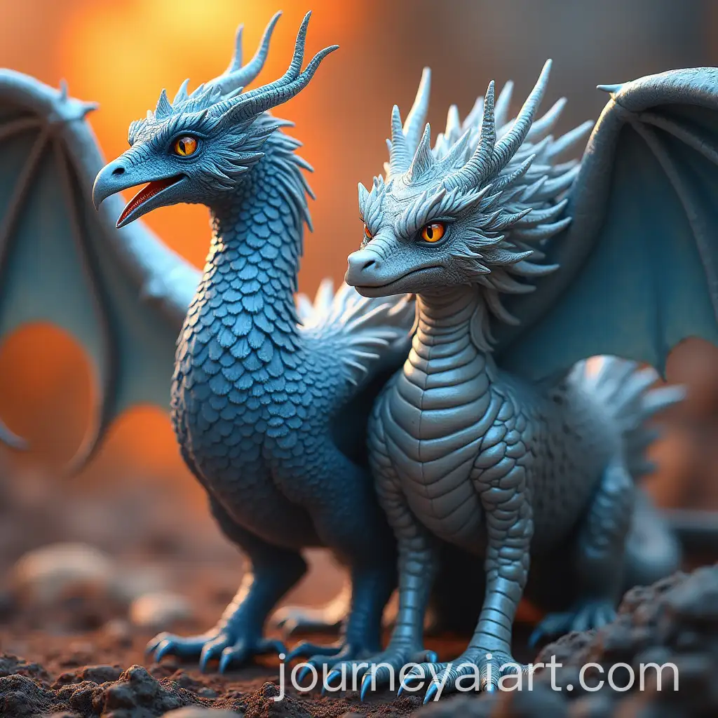 Majestic-Silver-Blue-Phoenix-and-Powerful-Silver-Dragon-in-Fiery-Orange-Hues