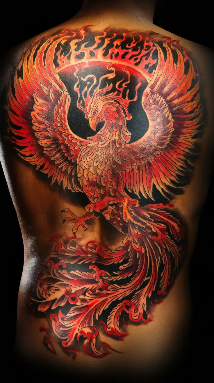 Dramatic phoenix tattoo, lower back placement, wings spanning across the back, vibrant colors of fire and sunset, orange, red, and gold hues, dynamic and powerful pose, feathers with intricate details, tattoo on tanned skin, dramatic spotlight, mythical and empowering, 5k, vibrant and fiery colors