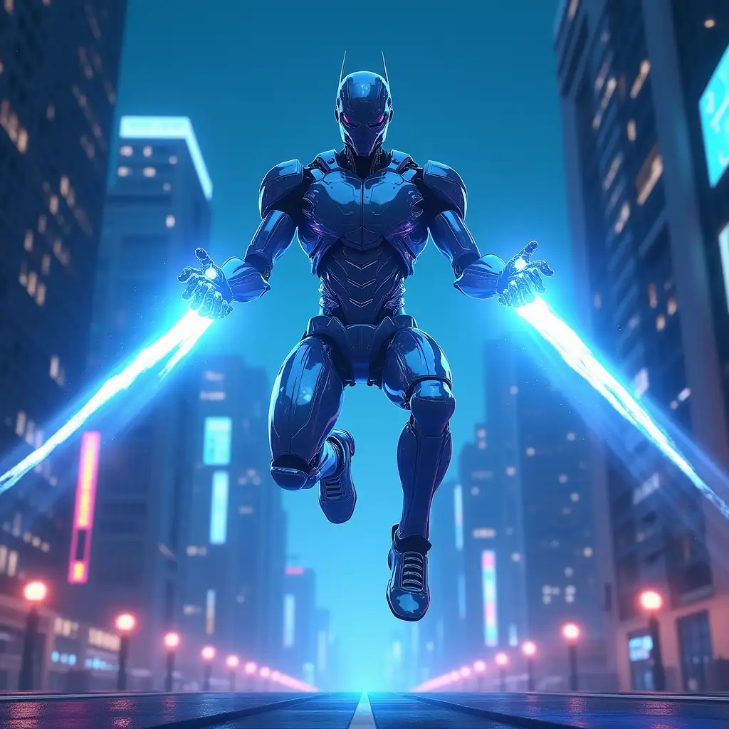An animation of a futuristic city where a sleek metal robot with shiny metallic colors jumps into the sky. The robot has glowing hands, and from its palms, bright blue energy rays shoot out that penetrate the darkness of the night sky. A dynamic and high-tech atmosphere is created by the futuristic city's tall buildings and neon lights in blue and purple. The robot's movements are quick and powerful, with light particle effects following the movement of the emitted rays.