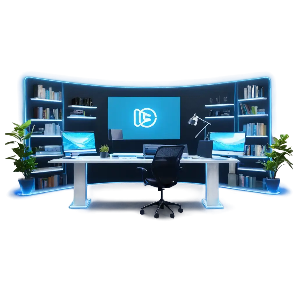 A sleek and professional studio background for a tech YouTube channel. The setting features modern, futuristic elements like glowing neon light strips (blue and white) in a hexagonal pattern on the walls. A clean, minimal desk setup with dual monitors, a microphone, and ambient lighting in the background. Shelves display small tech gadgets, books, and plants for a balanced and engaging aesthetic. The overall color scheme blends cool tones of gray, black, and blue with subtle lighting effects for a high-tech ambiance. The scene should feel modern, professional, and inviting.