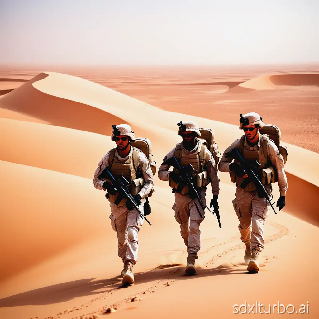 a contemporary army squad walking in the Sahara Desert