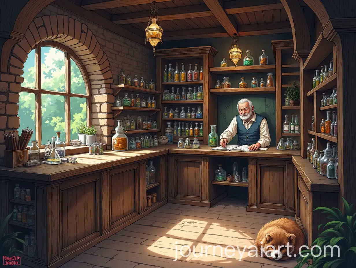 Alchemists-Shop-with-Resting-Cats-and-Shelves-of-Vials-in-DND-Style