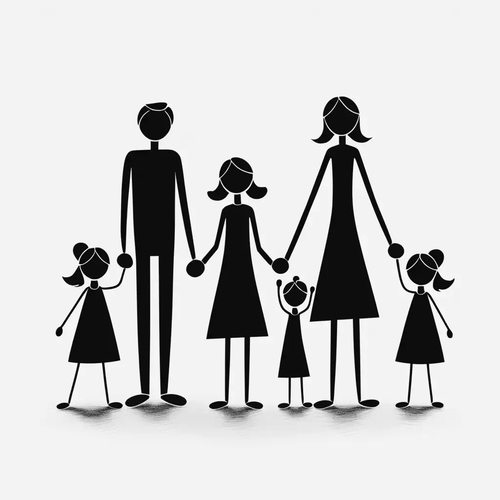 Family Stick Figure Illustration Mom Dad and Twin Girls on Blank Background