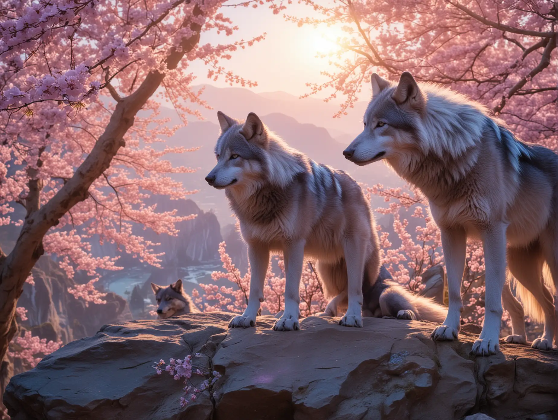 Girl-and-Blue-Wolf-at-Dawn-on-Cliff-Overlooking-Cherry-Blossom-Garden