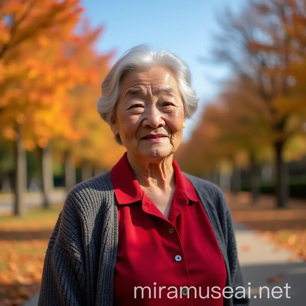 Serene Portrait of a 50YearOld Chinese Grandmother in Autumn Park