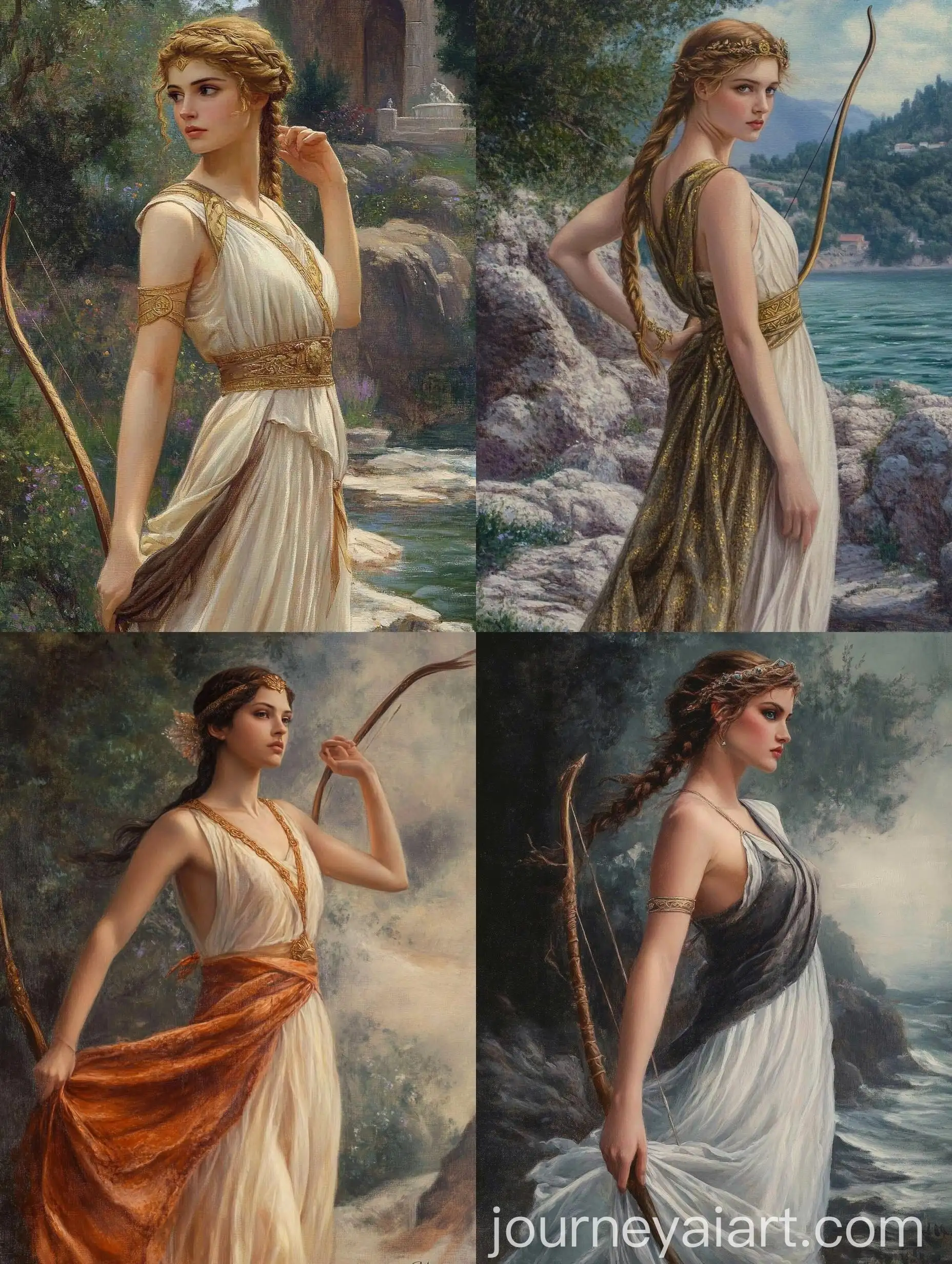Oil-Painting-of-Goddess-Artemis-in-Flowing-Gown-and-Braided-Hair