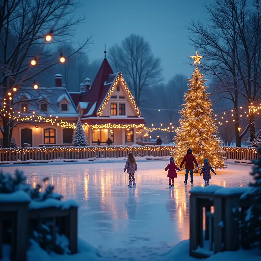 evening big ice-skating rink in the village with a decorated tree and three children on the glass ice, fenced by a New Year's fence, decorated with multicolored lights, open gate at the front plan, background strongly blurred