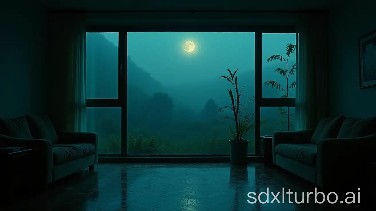 Rainy-Night-Ambiance-with-Mysterious-Plants-in-Spacious-Living-Room