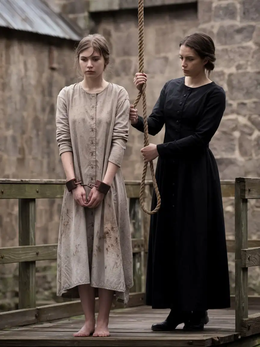 Young Woman in Prison Yard with Noose and Prison Guard