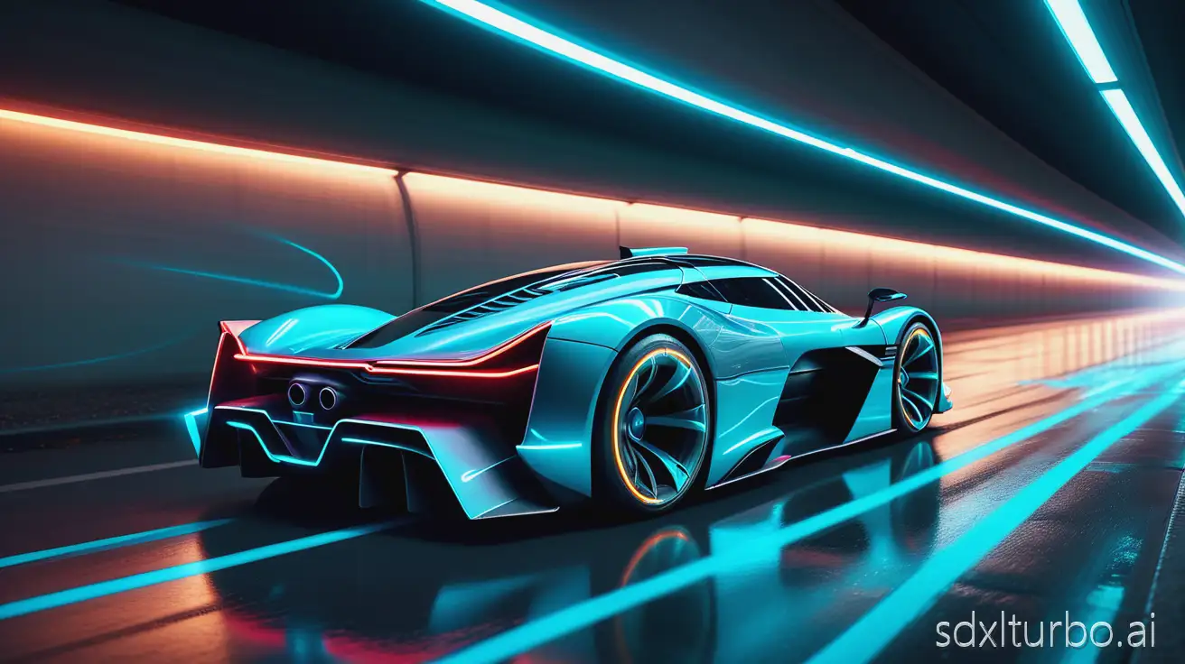 Futuristic electric hypercar racing through a neon‑lit tunnel at night, ultra‑sleek aerodynamic bodywork, matte graphite paint with cyan LED accents, low tracking panning shot, dynamic motion blur on wheels and background, long‑exposure light streaks, wet asphalt mirror reflections, cinematic rim lighting, subject sharp on front quarter panel, shallow depth of field, photorealistic, ultra‑detailed, 35mm lens, f/1.8, 1/15s shutter, subtle lens flare, volumetric fog, unbranded, no text, no logos