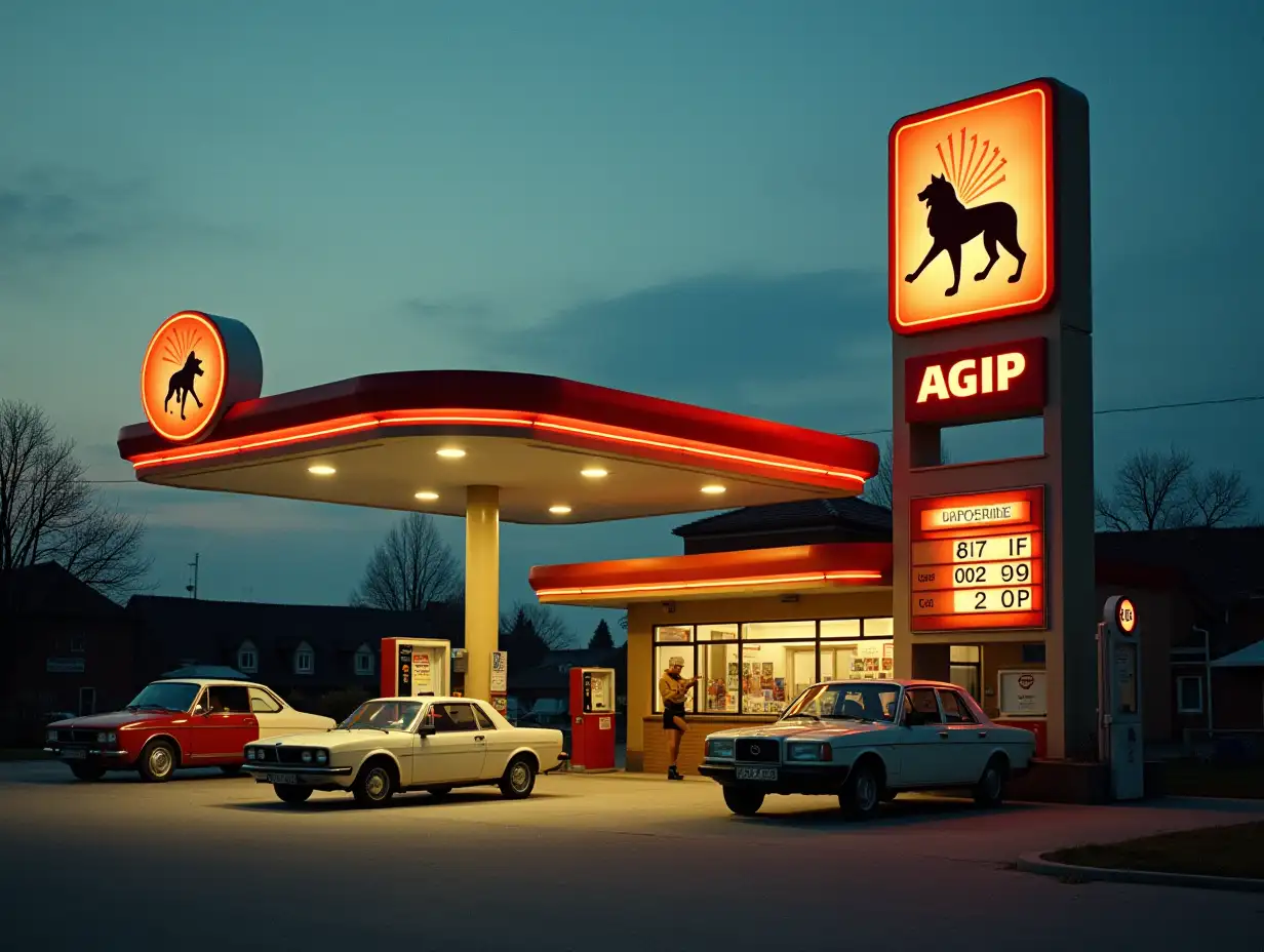 A nostalgic photograph of an AGIP gas station on the outskirts of Budapest, Hungary, captured during the 1980s. The scene features the iconic AGIP logo with its distinctive six-legged black fire-breathing wolf (cane a sei zampe) prominently displayed on a tall illuminated sign. The gas station has a retro architectural style with curved lines and period-correct fuel pumps. The scene is set during dusk with warm lighting, showing a few vintage Eastern European cars like Trabants or Ladas parked at the pumps. The color palette should reflect the era with slightly muted tones and film grain characteristic of 1980s photography. Include period-specific details such as the price board displaying Hungarian Forints and uniformed AGIP attendants.