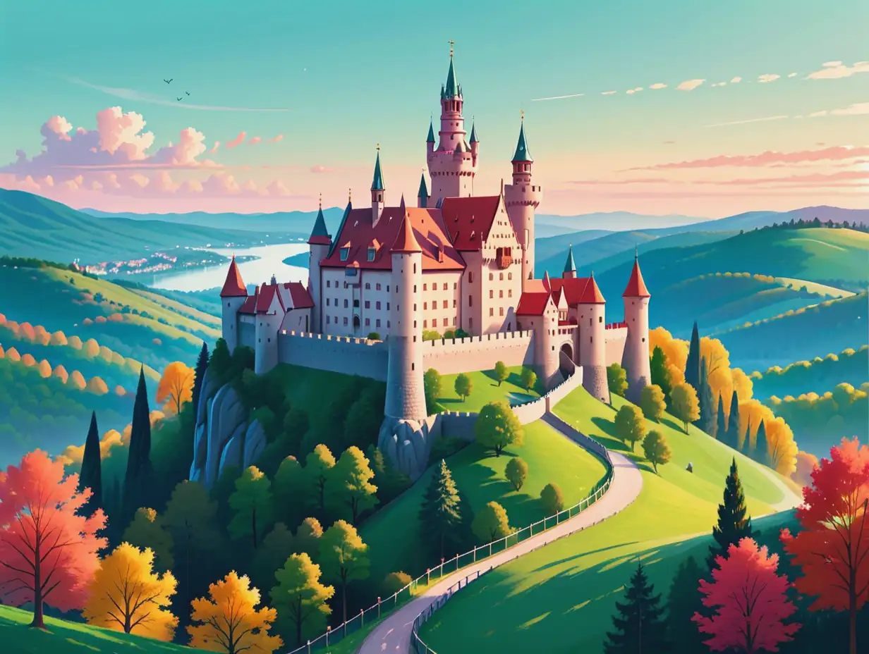 Pastel-Vector-Illustration-of-a-European-Castle-Surrounded-by-Lush-Nature