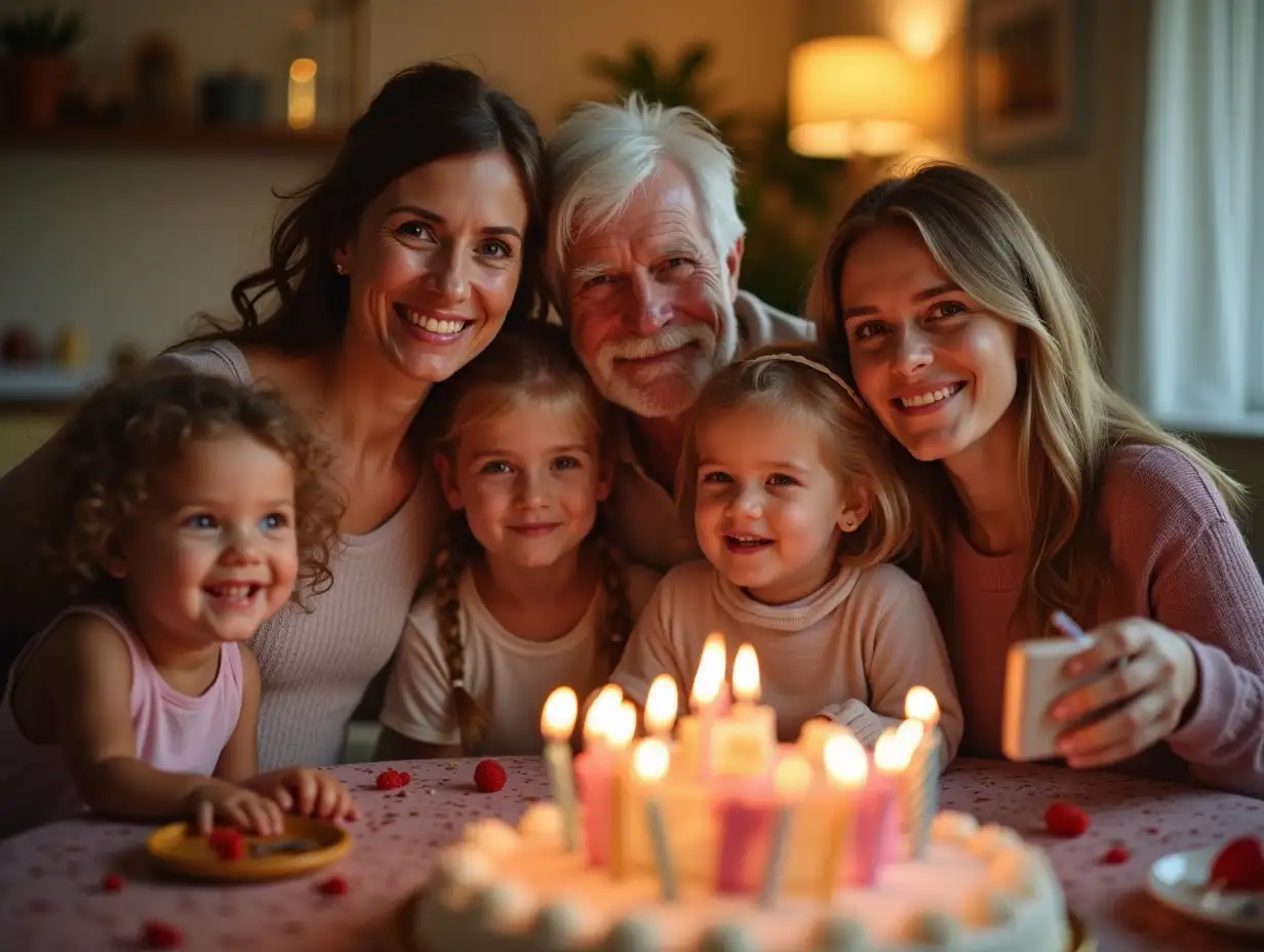 Selfie, party and family to celebrate birthday at home, social media post and camera app for picture. People, generations and proud of milestone, photography and capture memory of presents and cake