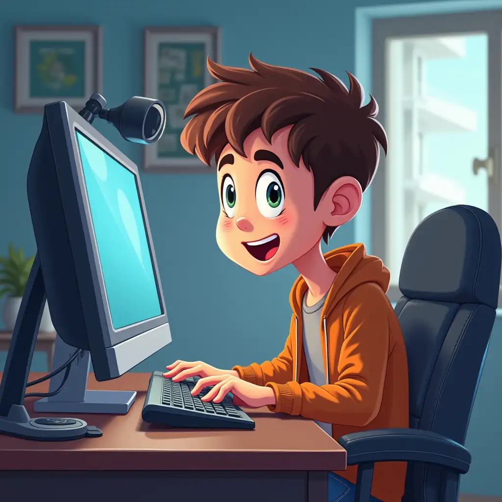 A teen cartoon boy working on computer with web cam in pov view