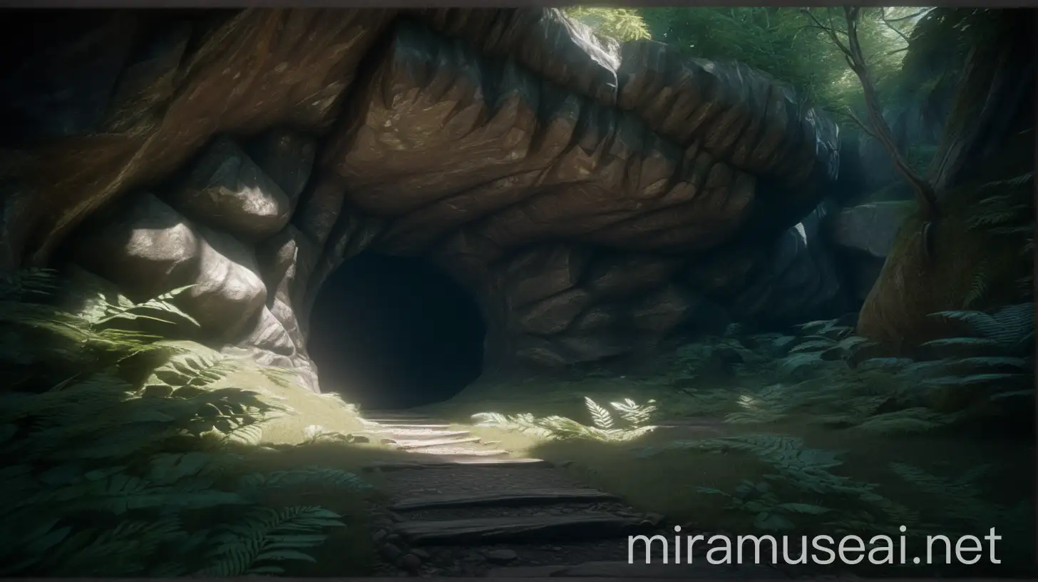 Dark Cave Entrance in Forest Landscape