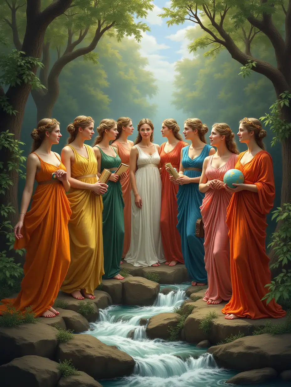 The Muses from Greek mythology, depicted as nine graceful and ethereal women, each representing a different art or science. They are gathered in an idyllic, verdant setting with flowing rivers and lush greenery, their garments radiant and colorful, resembling ancient Greek attire. Each Muse is holding her symbolic object: Calliope with a writing tablet, Clio with a scroll, Erato with a lyre, Euterpe with a flute, Melpomene with a tragic mask, Polyhymnia with a veil, Terpsichore with a harp, Thalia with a comic mask, and Urania with a globe. The scene exudes inspiration, creativity, and divine harmony