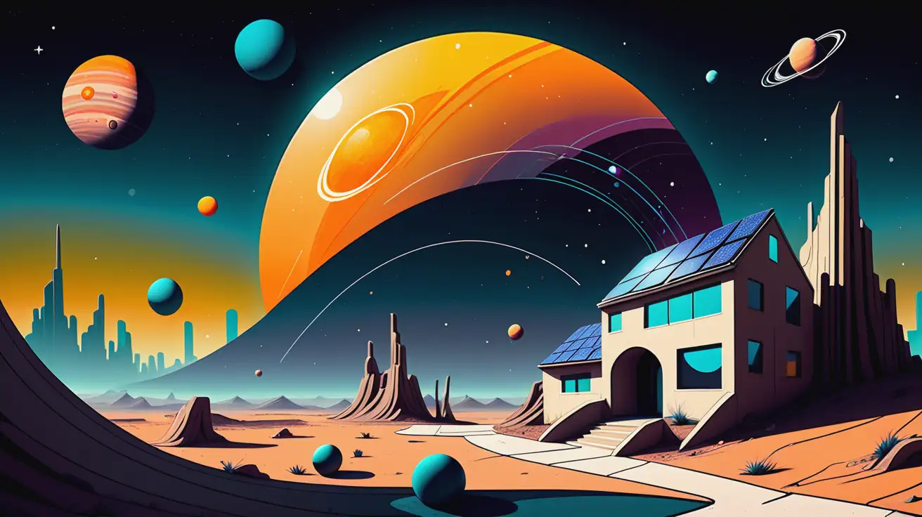 visual poetry, graffiti style, Bold outlines, simple shapes, surreal landscape, dreamlike atmosphere, solar system