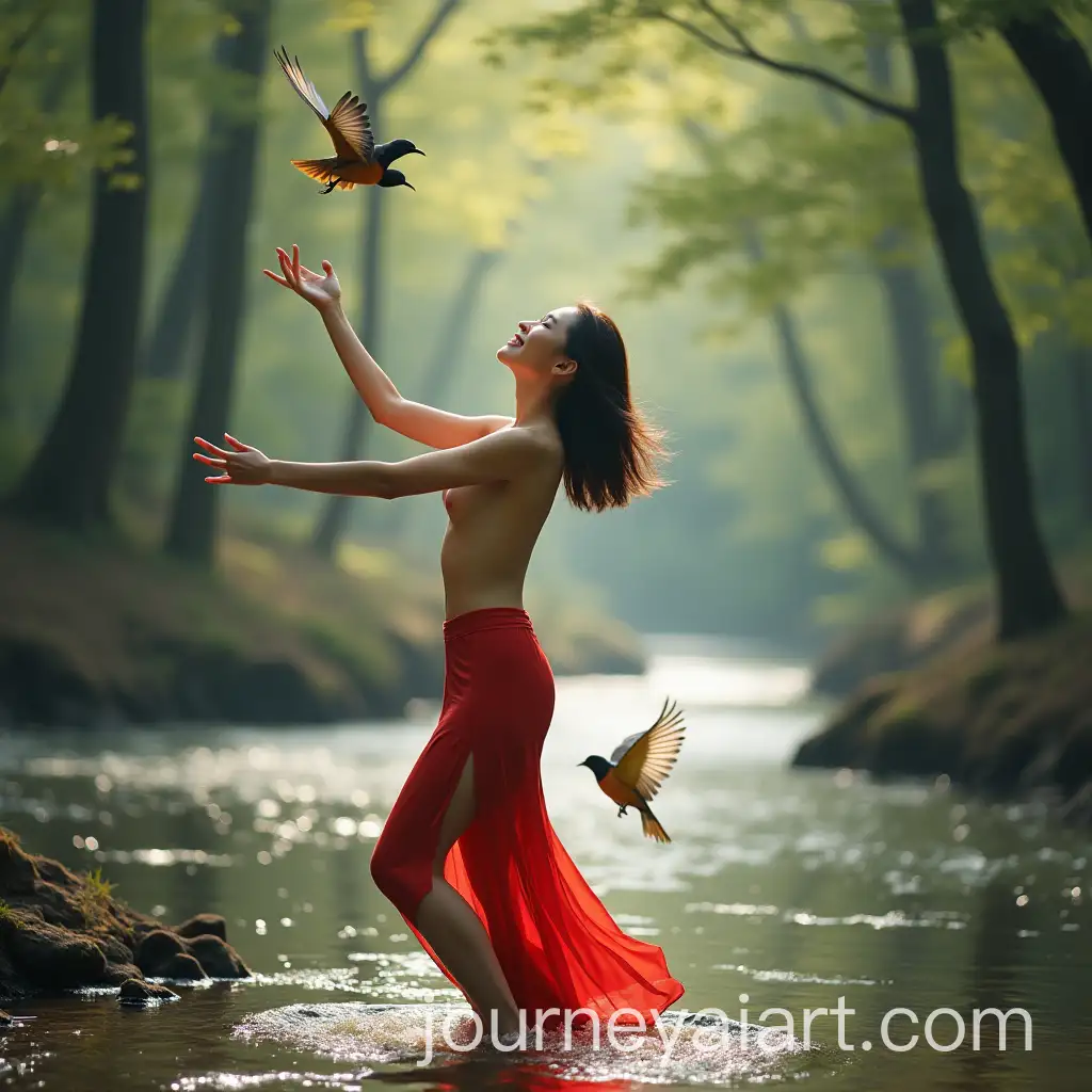 Young-Chinese-Woman-Dancing-by-Stream-with-Colorful-Birds-in-Forest