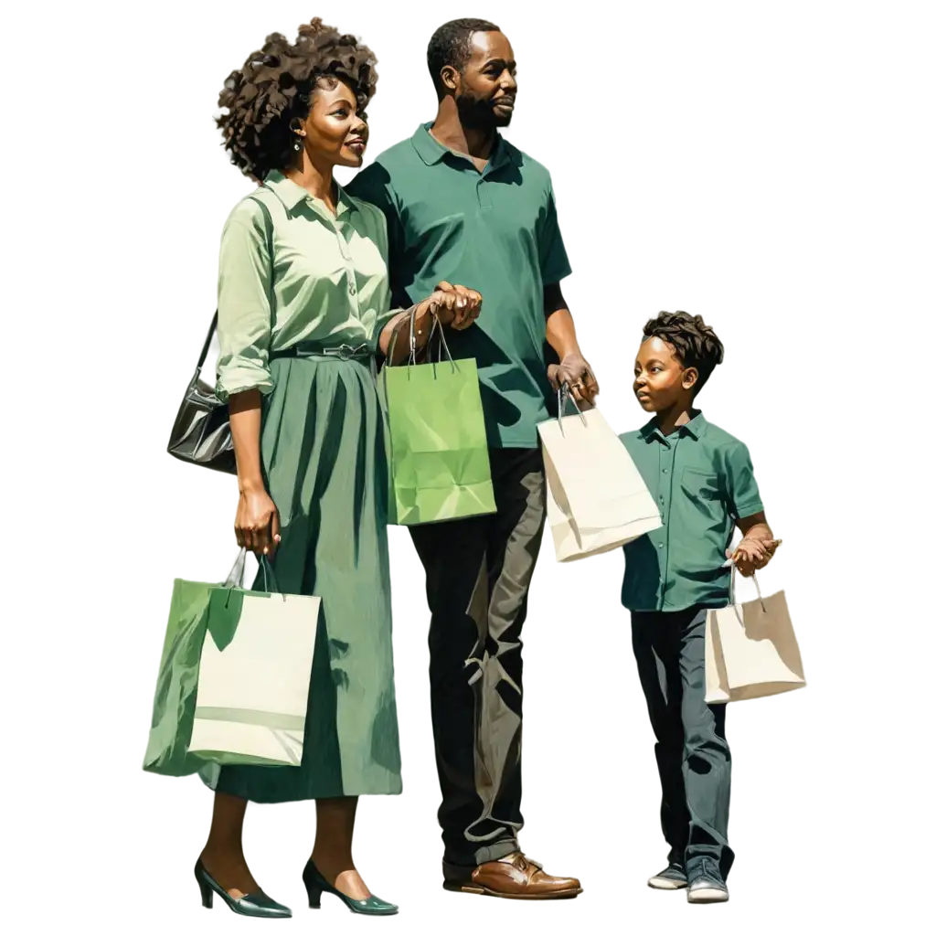 sketch drawing in green tones of a black family holding shopping bags