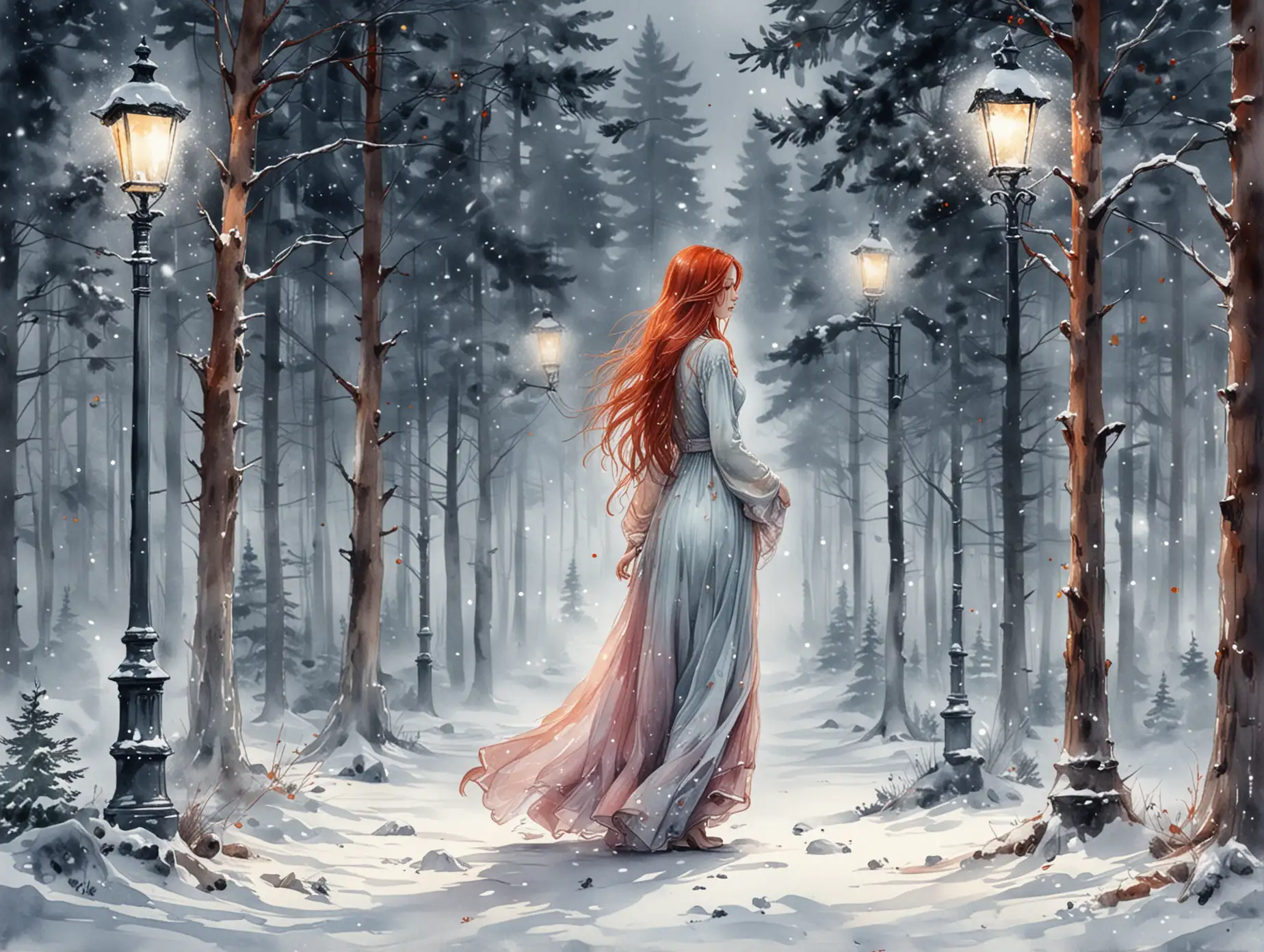 Enchanting-Winter-Forest-with-Girl-in-Red-Dress-and-Falling-Snow