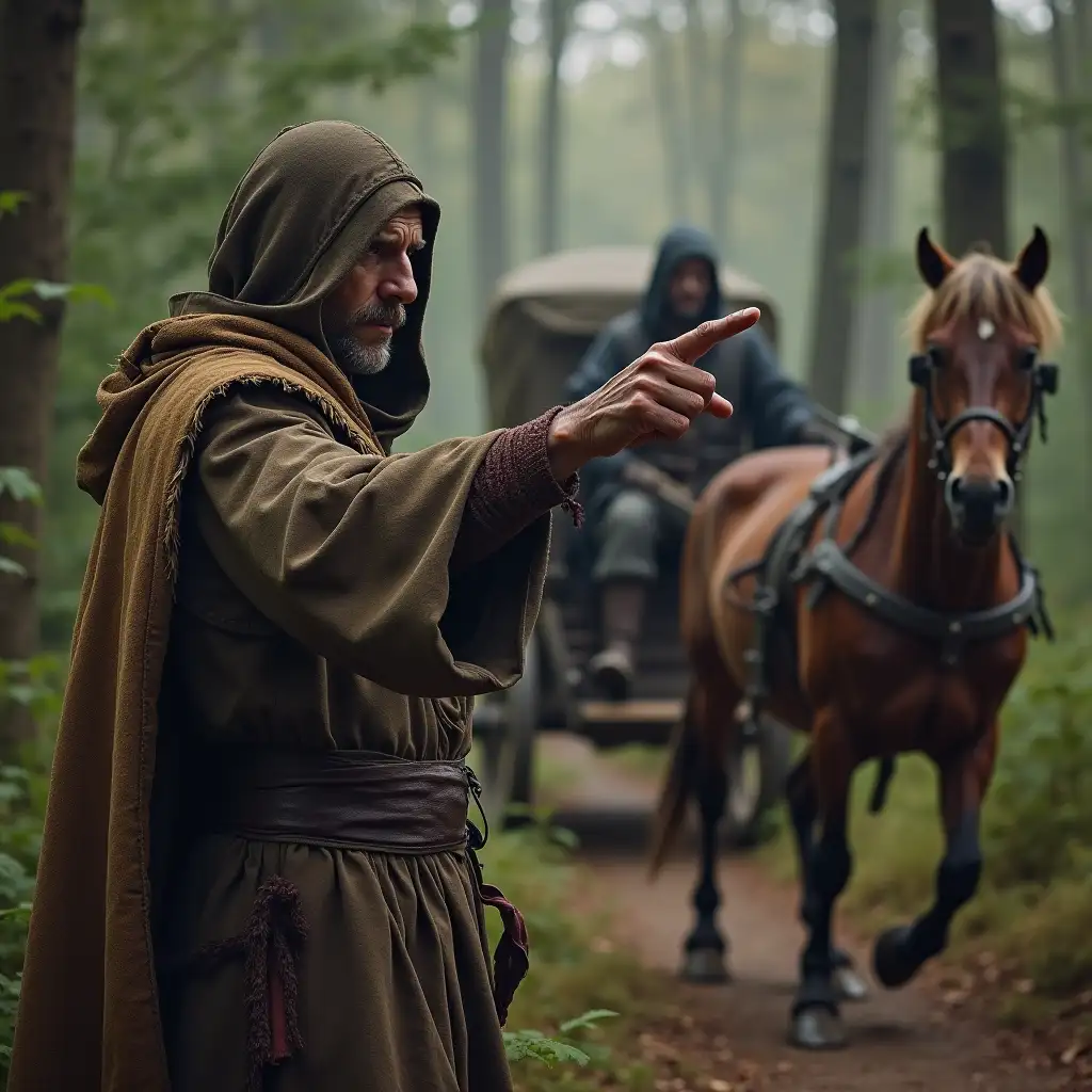 a skinny crazy-looking slavic male bandit in medieval clothes pointing his finger at a horse cart in the woods