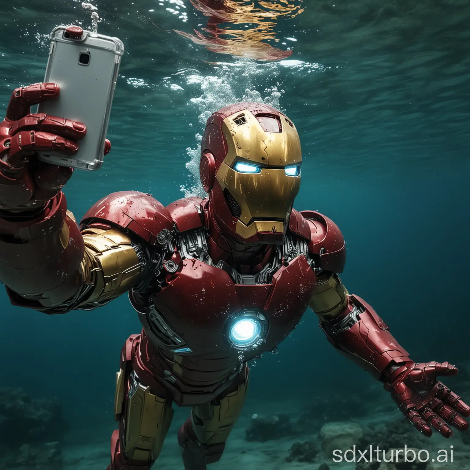 create an image of iron man taking a selfie underwater