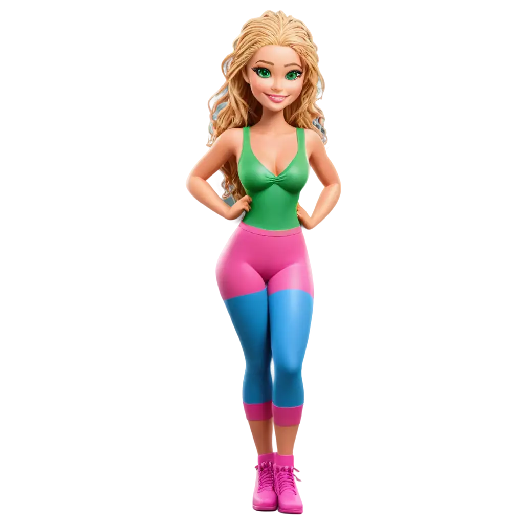 cartoon charachture graffitti art blonde multicolored microbraided hair female with green eyes revealing extra large cleavage and tight pink and blue outfit with matching shoes  4k portrait of a happy woman in the forest posing for a marketing campaign