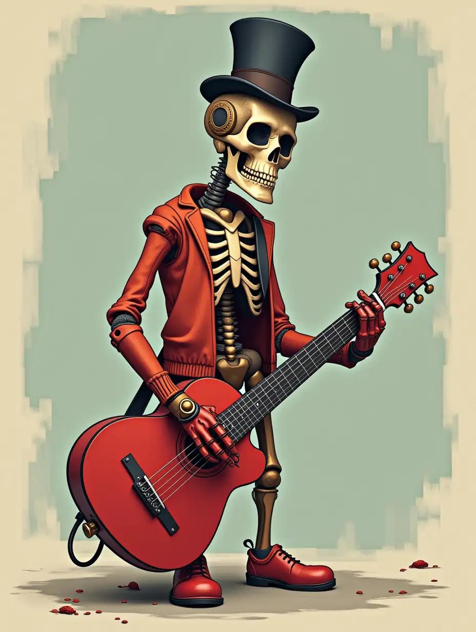 Create a high-resolution, flat illustration image of a robot with a skeleton body, red porcelain hands and head, a sweater, a Steampunk top hat, and a guitar on the floor in 4K resolution (Steampunk 8K quality)